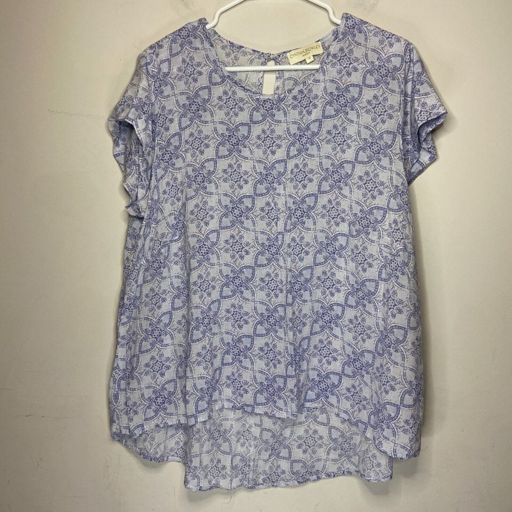 Cynthia Rowley Women 1X Floral Top Purple Short Sleeve Keyhole Back Lightweight